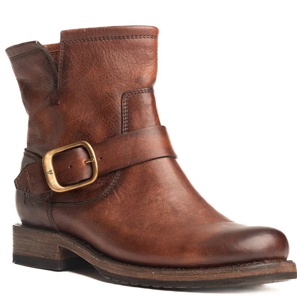 Frye Veronica Leather Buckle Moto Booties- Redwood